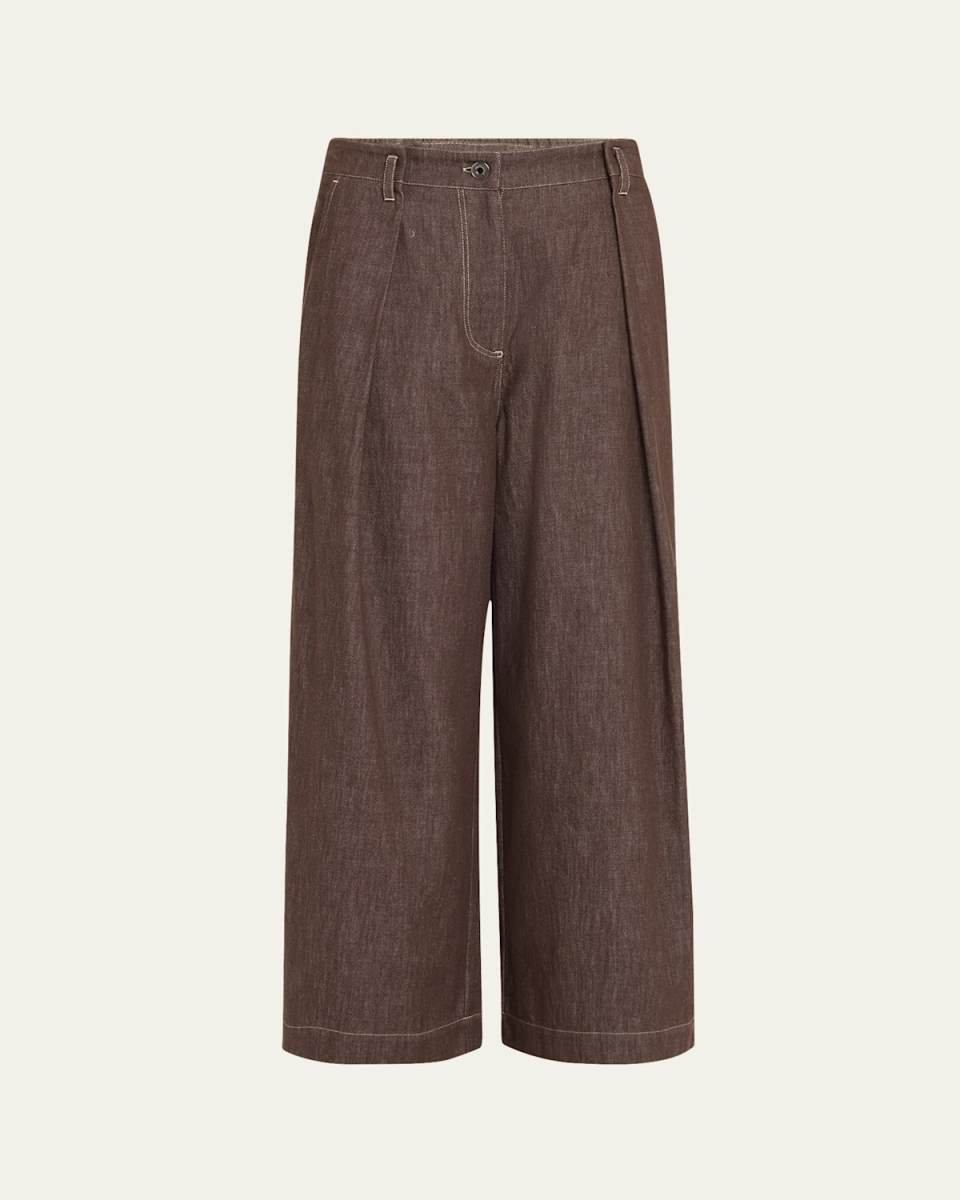 A-Line Pleated Wide Leg Cropped Denim Pants